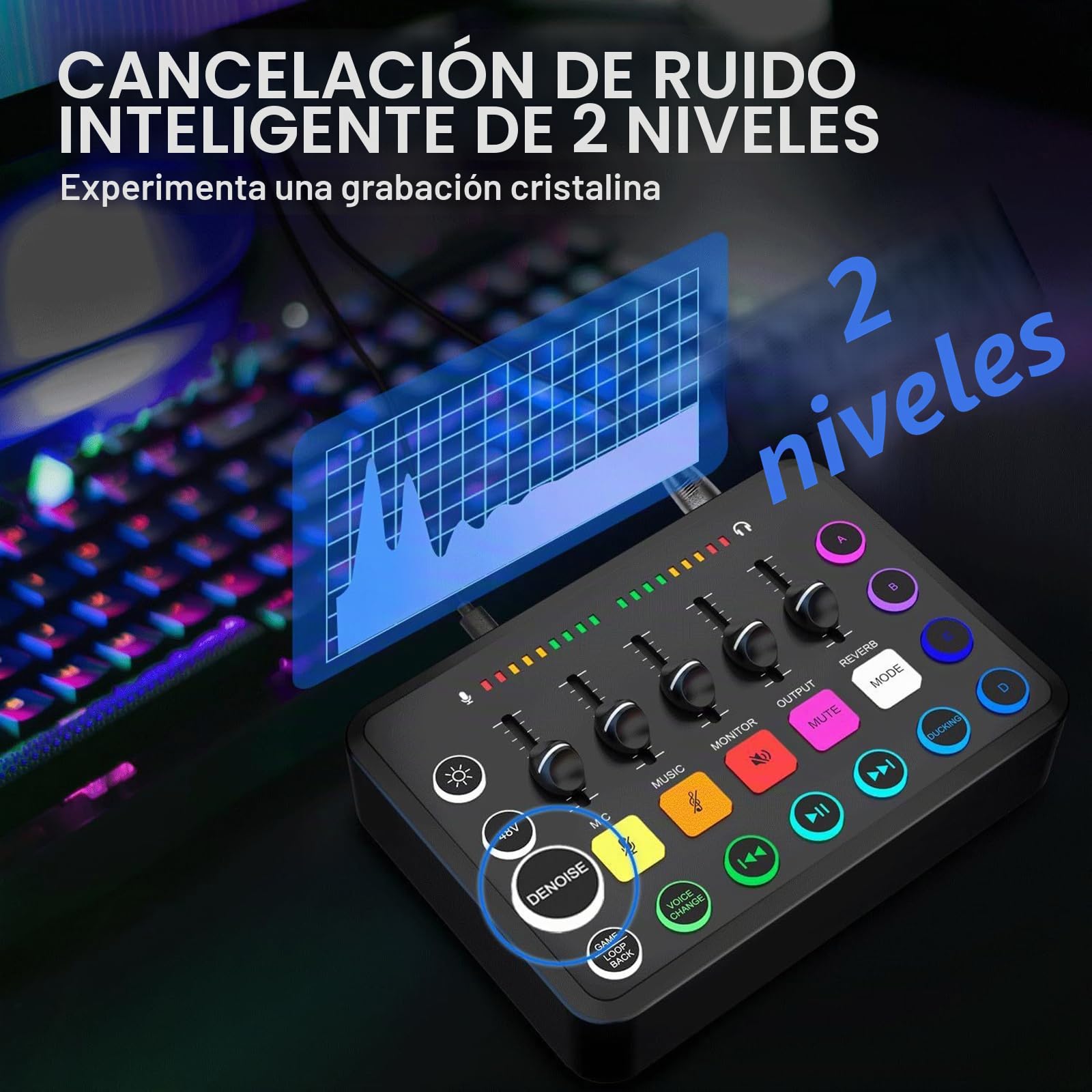 NEWFUN Mezclador de Audio,Mixer audio, Mesa de sonido, Incluye mezclador de audio y Micrófono BM800, Mezclador RGB para PC para Streaming, Control de Volumen para Podcasting, Grabación y voz