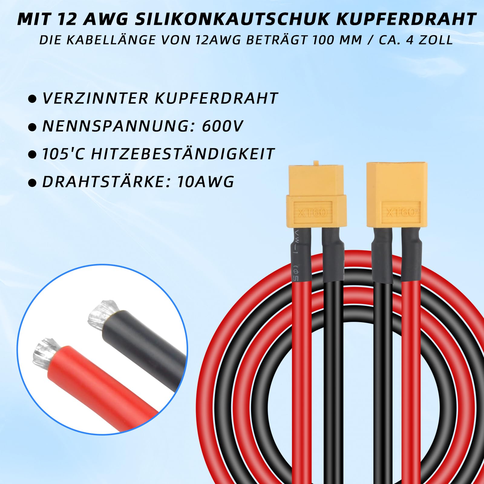 1 cavo di ricarica originale XT60 a 2 pin, femmina per batteria Lipo, 2 connettori da 4 mm, spina a banana dorata, 30 cm, 14 AWG, cavo in silicone