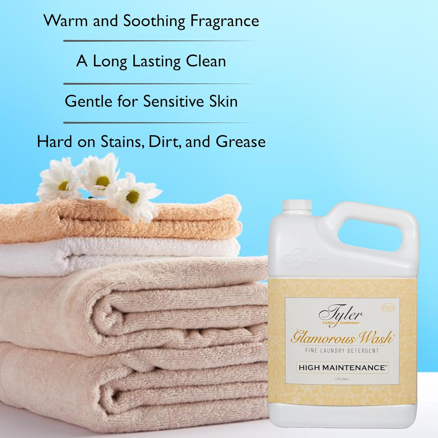 Tyler Candle Glamorous Wash Laundry Detergent, High Maintenance Bundle with Tyler Candle Mixer Melts, Autoglam Freshener, and Stain Remover Pen (1 Gallon)