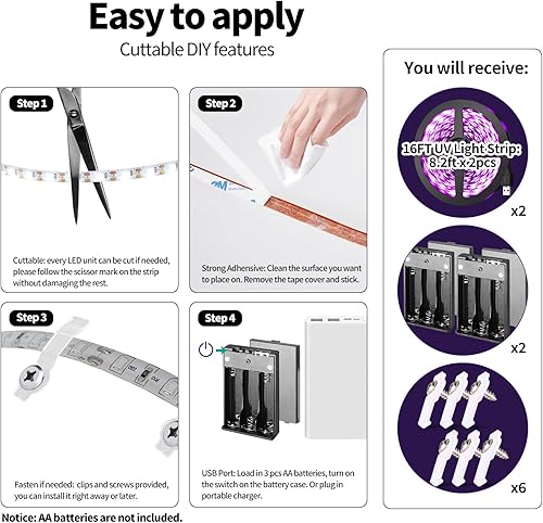 Miniatura 7 de Barra de luz LED negra impermeable IP66 de 42 W + tira de luces negras de 16.4 pies, funciona con pilas para fiesta brillante, póster fluorescente,