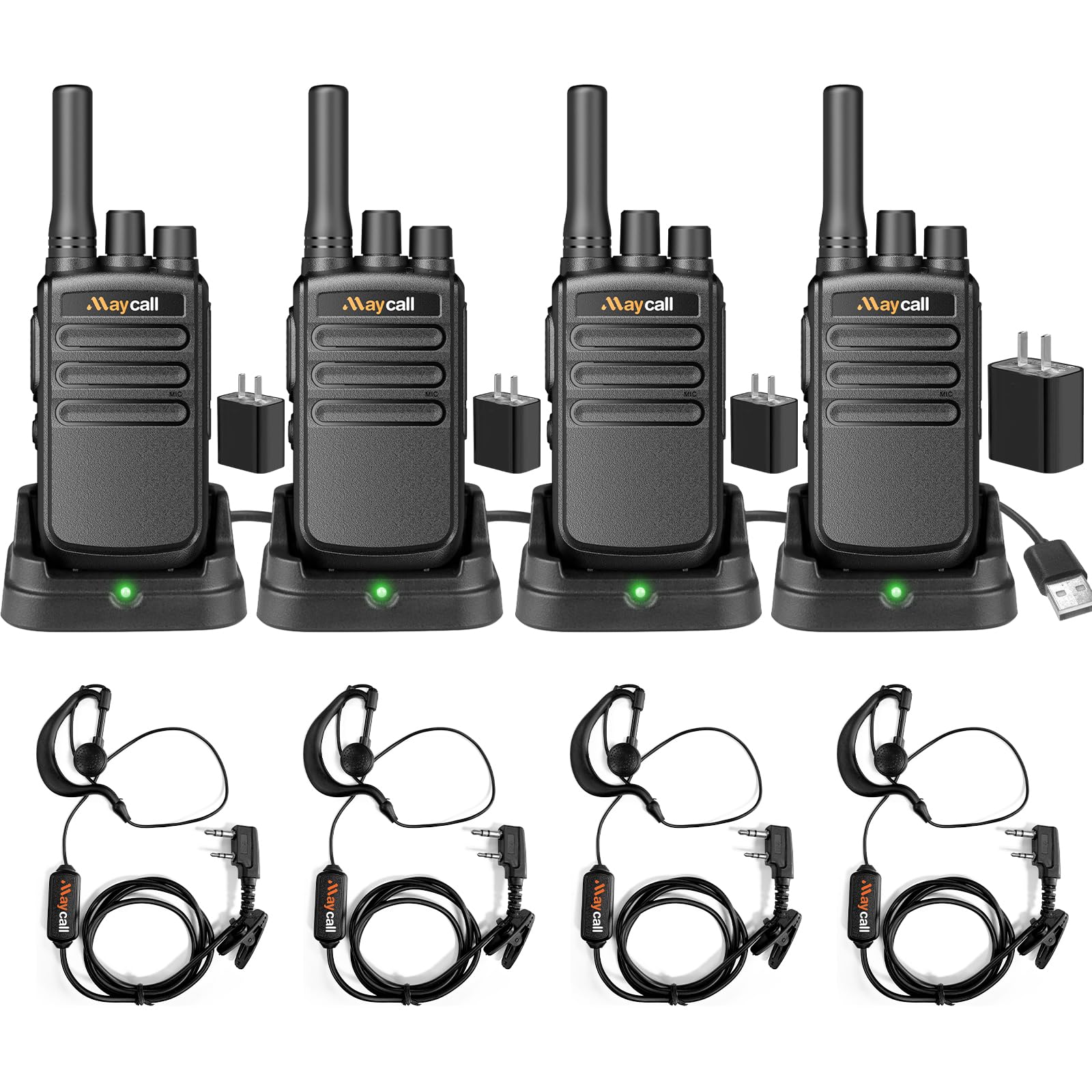 Maycall 558 Walkie Talkie Long Range Two Way Radio for Adults with Earpieces FRS 2 Way Radio Type C Portable 16 Channel USB Charging Base 1200mAh for Cruise Hiking Hunting Skiing (4 Pack)