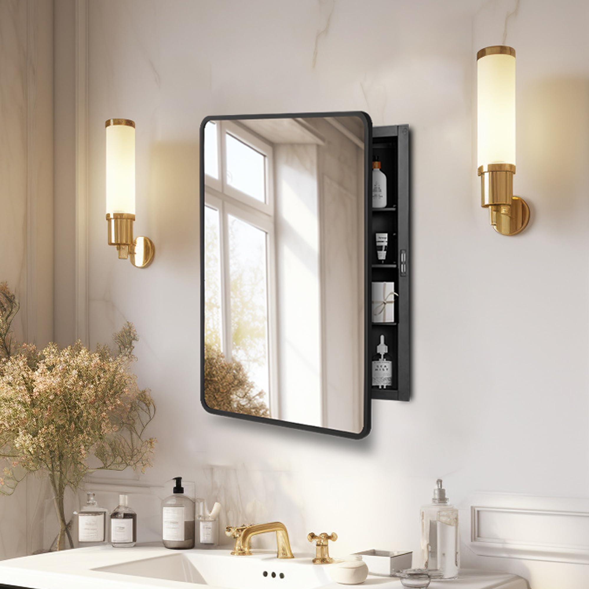 16x24 inch Medicine Cabinet with Mirror, Black Recessed or Surface Wall Mount Bathroom Cabinets with Adjustable Shelves and Metal Framed
