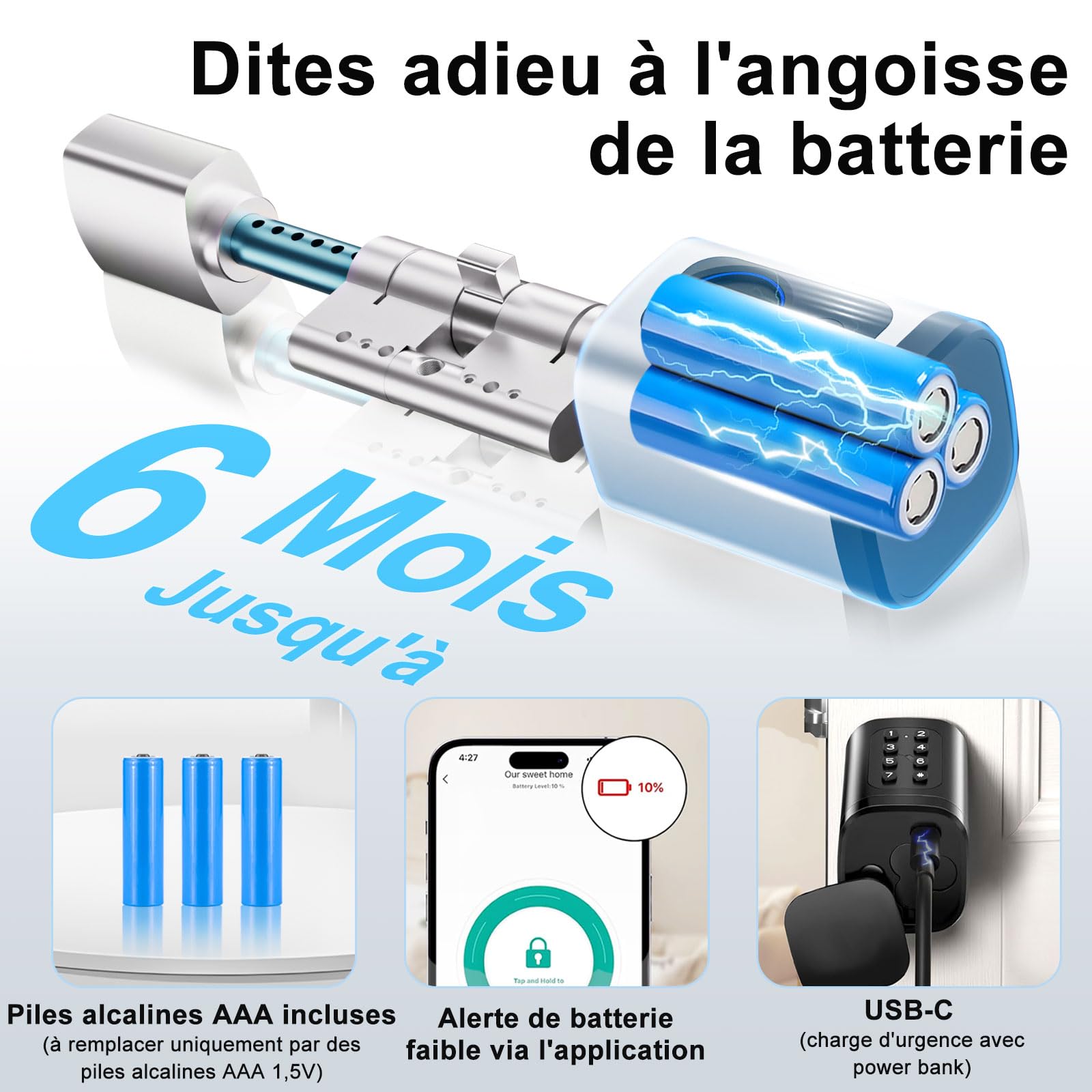 Serrure connectée, serrure électronique à empreinte digitale, longueur réglable Smart Lock, serrure électronique avec carte RFID, application, WiFi, Bluetooth, 60–90mm, accessoires de rallonge, argent