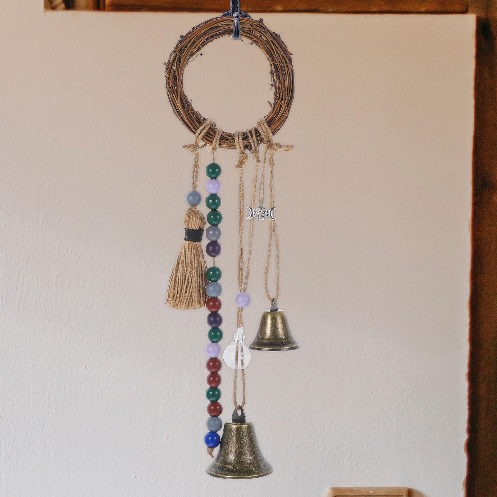 Uonlytech 4 Stück Vintage Windspiel aus Rattan und Holz mit Stern und Mondmotiv Dekoratives Windspiel für Tür Klarer und Süßer Klang Gartendekoration