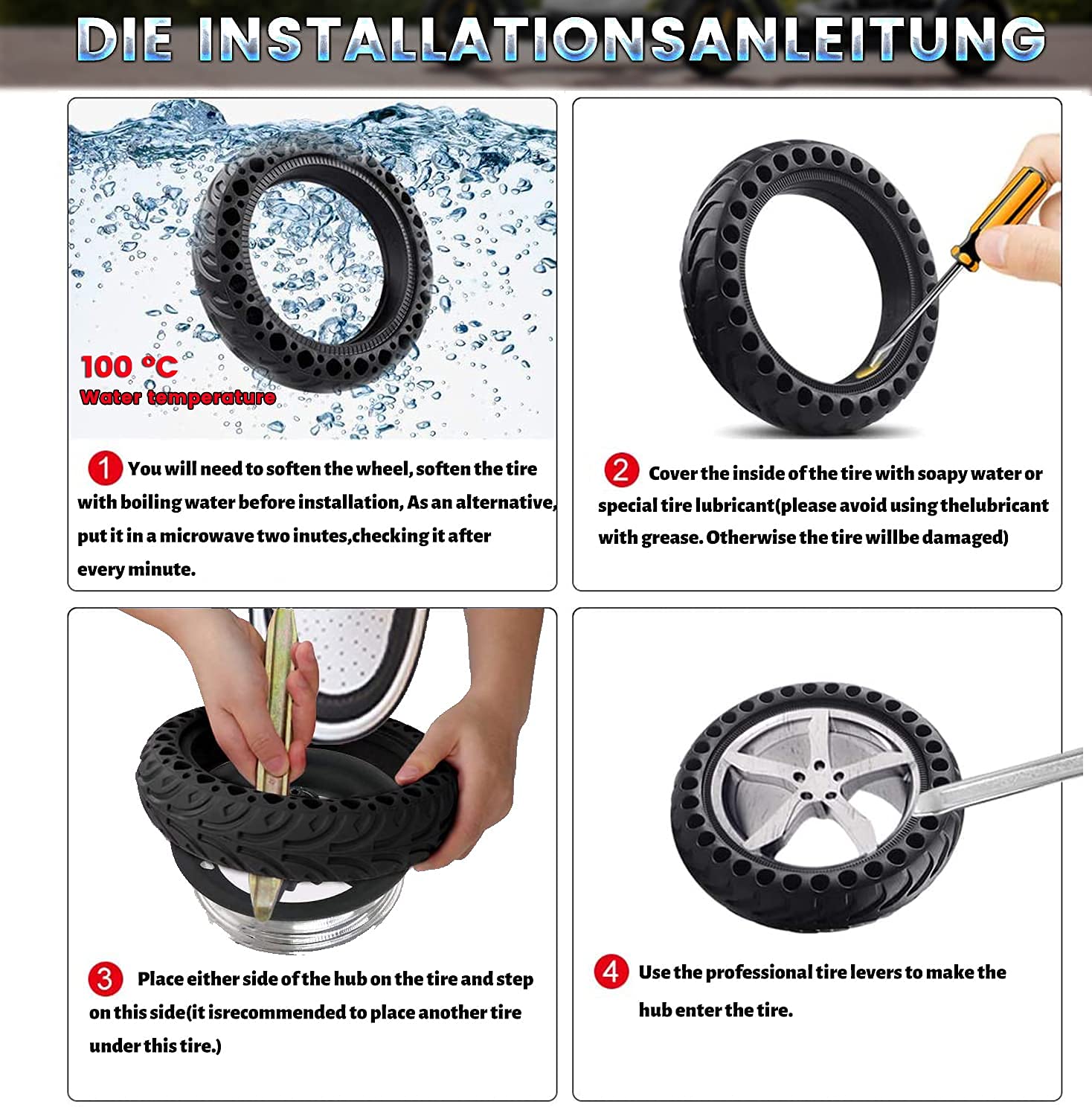 Pneu Solide - Tubes Solides à Trou en Nid d'abeille Pneus de Rechange 2 PCS avec 1 Démonte-Pneu pour Scooter électrique - Antidérapant Durable - Plusieurs Couleurs