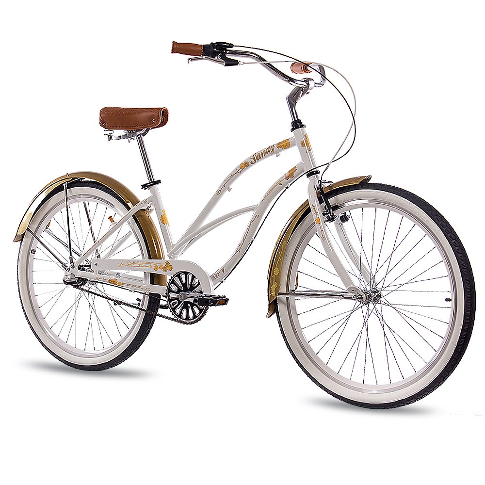 CHRISSON 26 Zoll Beachcruiser Sandy Weiss Gold mit 3 Gang Shimano Nexus Nabenschaltung, Damenfahrrad im Retro Look, Vintage Cruiser Bike