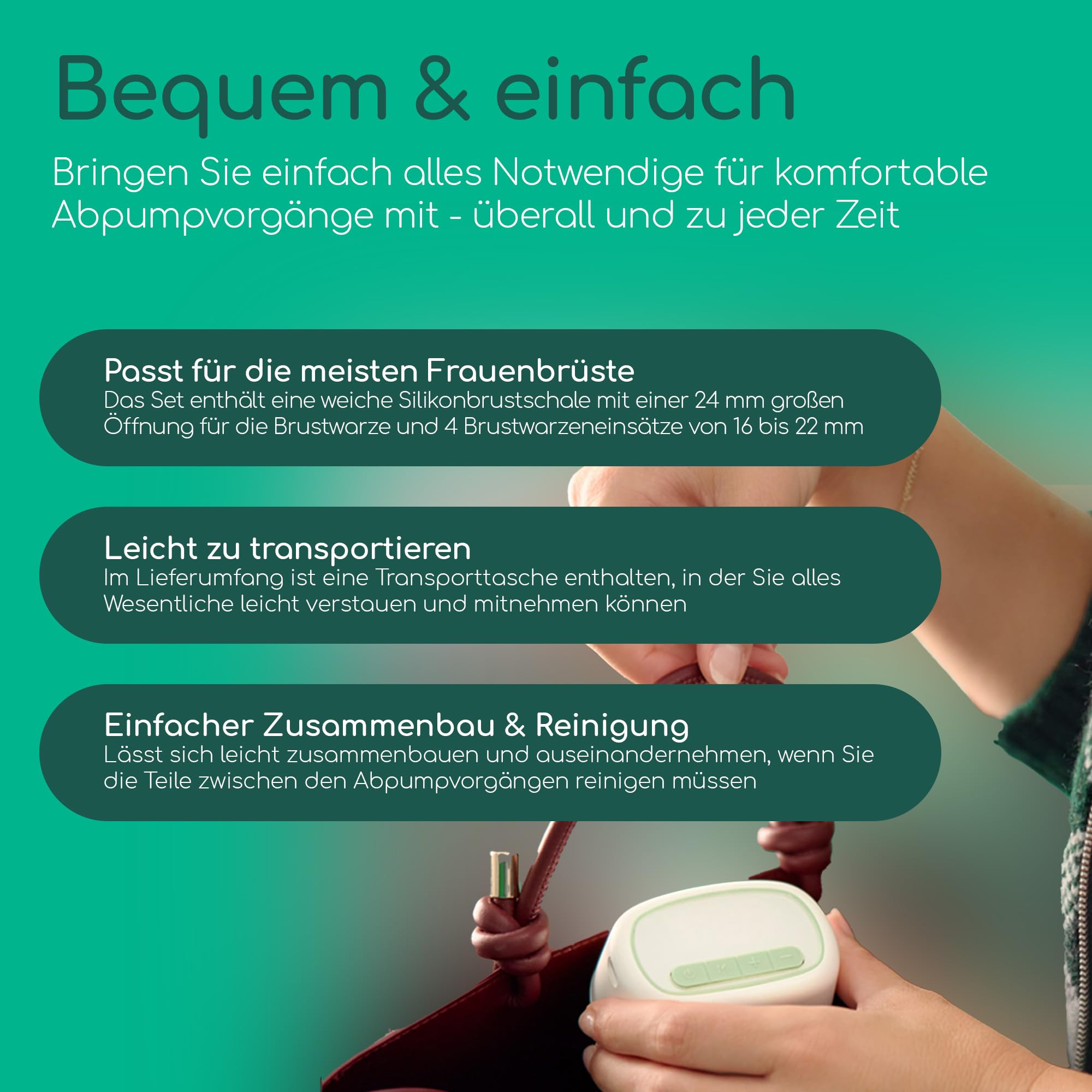Bebeconfort Diskrete Milchpumpe Handsfree, freihändige Milchpumpe elektrisch, leises Abpumpen (51db), 3 Pumpmodi, 15 Saugstufen, langlebiger Akku, 210 ml großer Behälter