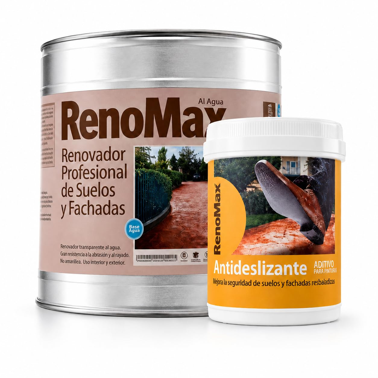 Renomax - Resina Hormigon Impreso y Superficies Porosas Al Agua + Aditivo Antideslizante en Polvo, 5L Cubre hasta 50m² | Repara y Protege Suelos,Fachadas | Garantía 5 Años, Certificado C3