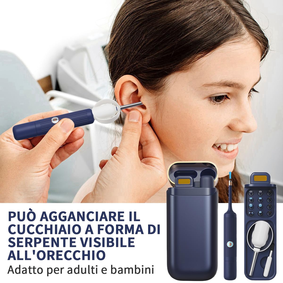 Pulizia Orecchie,Otoscopio Digitale,Ultra HD Flessibile Pulizia Orecchie con Accessori di Ricambio Vari,Kit Rimozione Cerumeper Orecchie,Naso,Gola,Adatto per Adulti e Bambini