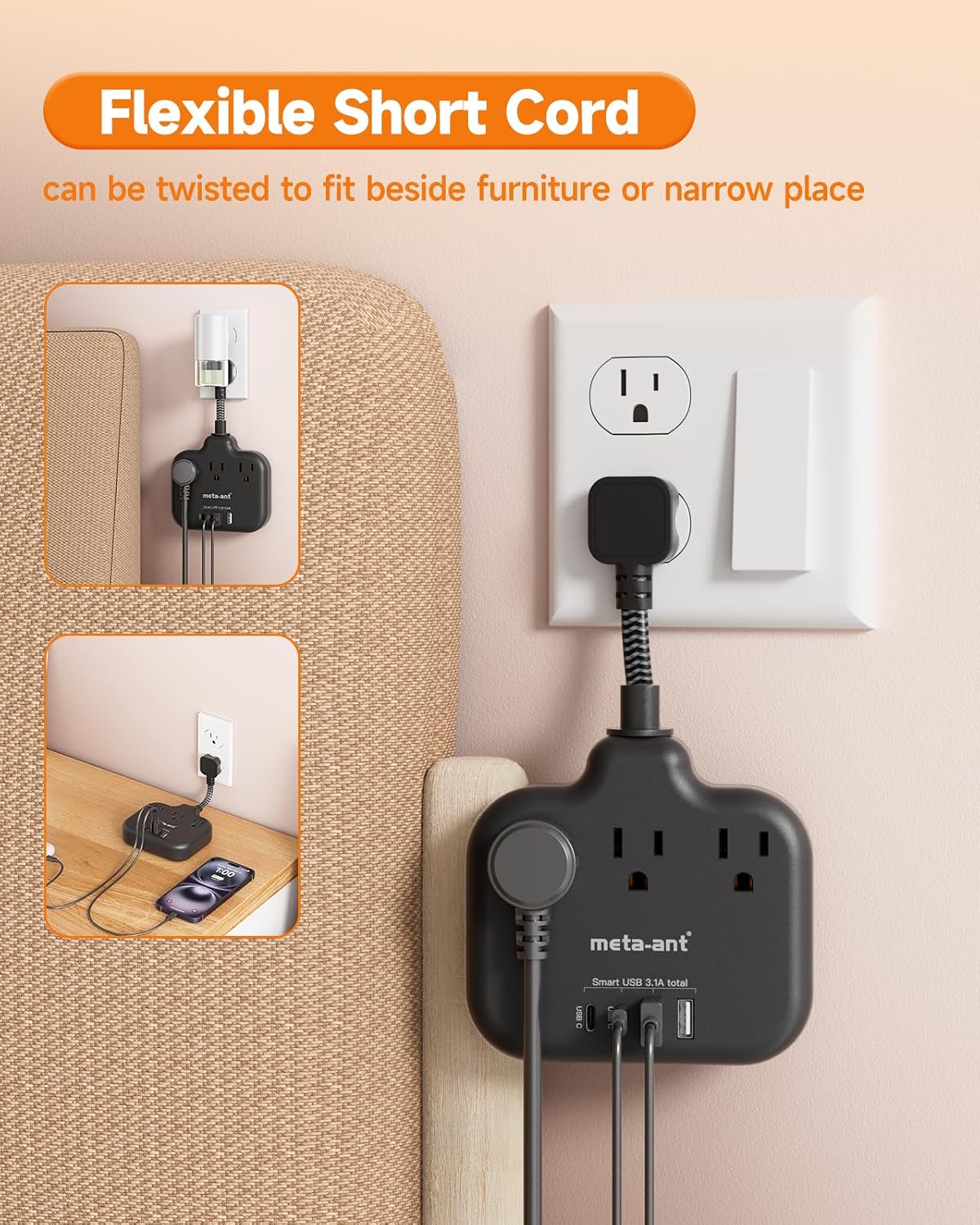 Short Extension Cord 3 Inch, Flat Plug Small Power Strip with 3 AC & 4 USB(1 USB-C), 1875W/15A, Multi Plug Outlet Extender, Non-Surge Protection for Cruise Travel Dorm Kitchen, Black image 5