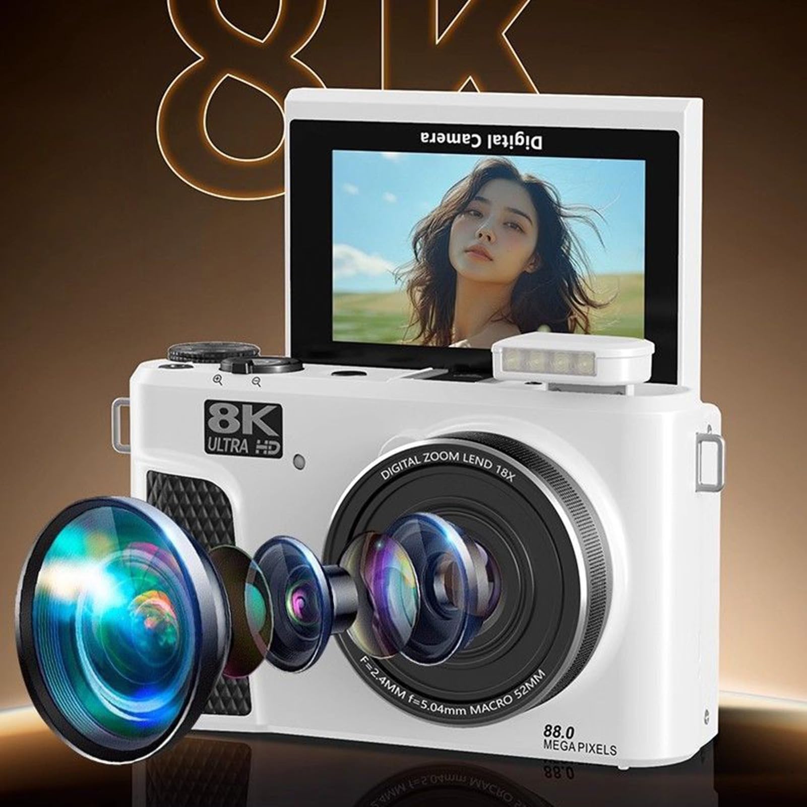 Fotocamera Digitale 8K per Fotografia, Fotocamera per Vlogging WiFi HD da 88 MP, Zoom 18X Messa a Fuoco Automatica Schermo Ribaltabile da 3 Pollici per Vlogging WiFi con Doppia (Bianca)
