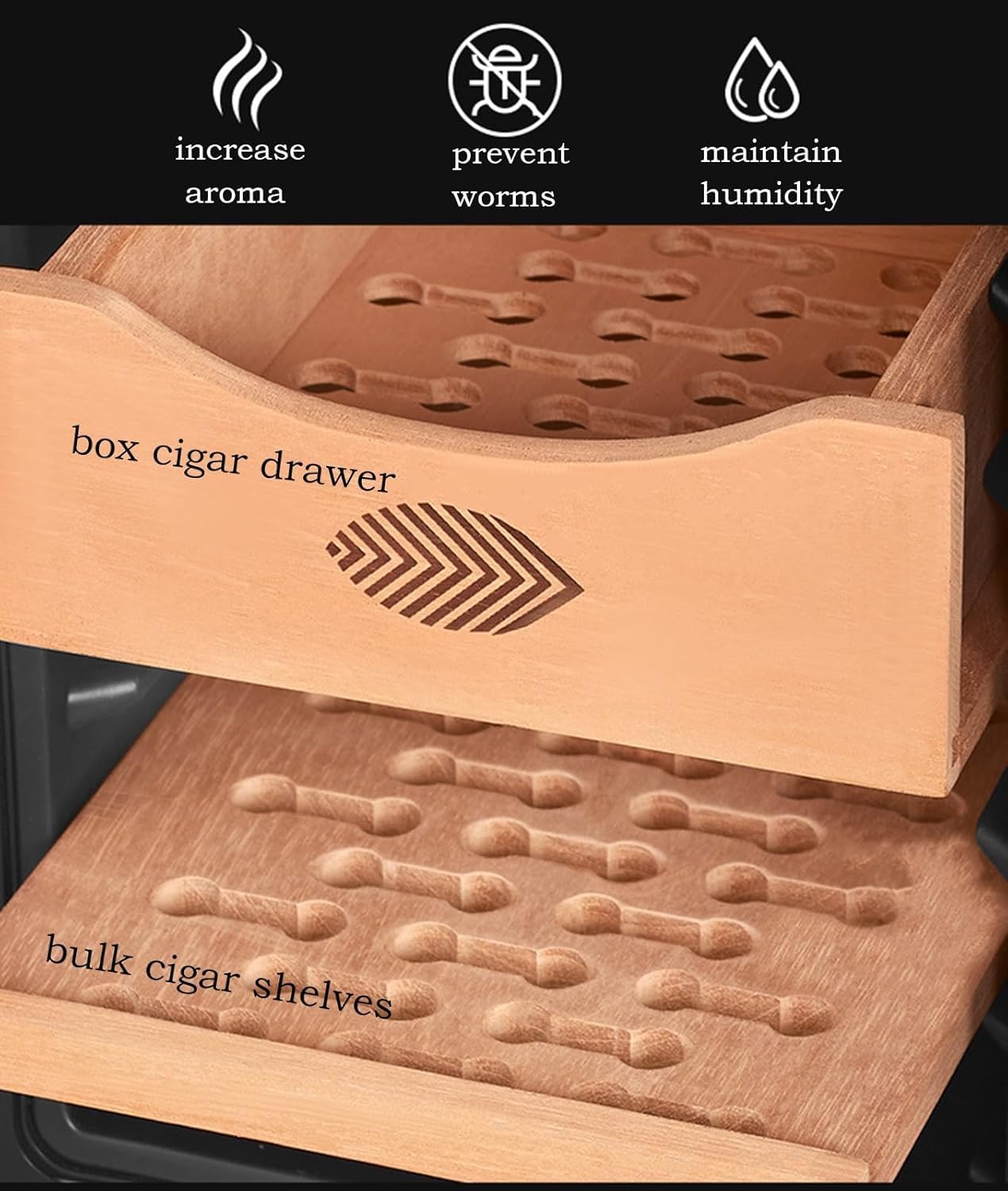 Elektrische Zigarre Humidor 8l Zigarre Humidorschrank für 100 Zählzigarre mit Kühltemperatur Ruhige Kontrolle Doppelscheibenglas Tür und Zedernholzregal und Schubladengeschenk für Männer