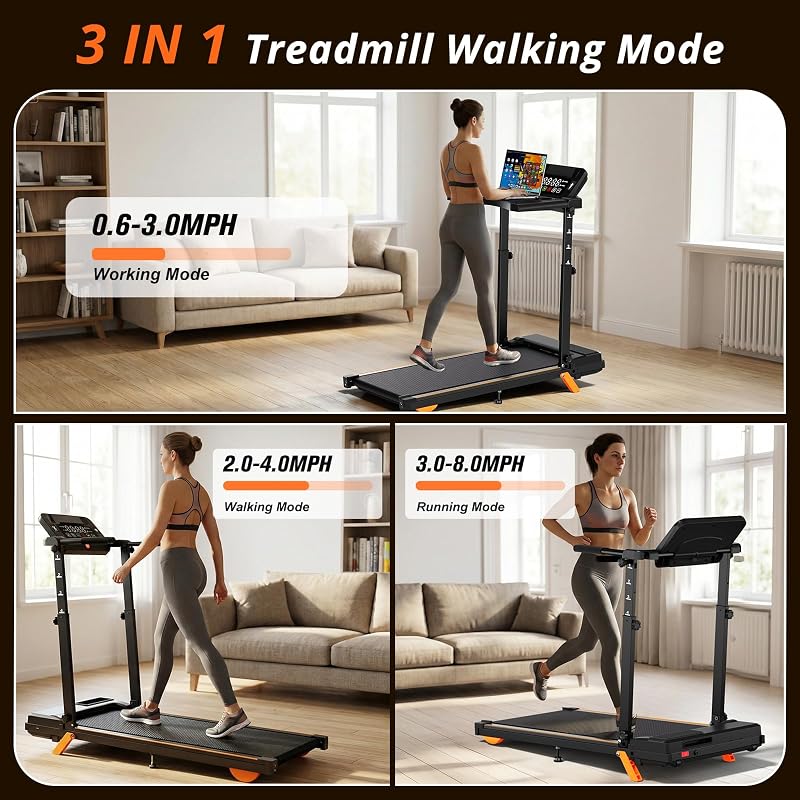 Walking Pad Treadmill with Desk Workstation, 12% Incline Treadmills for Home Office, 350lbs Capacity, 3.5HP (Orange-Black, XL) image 6