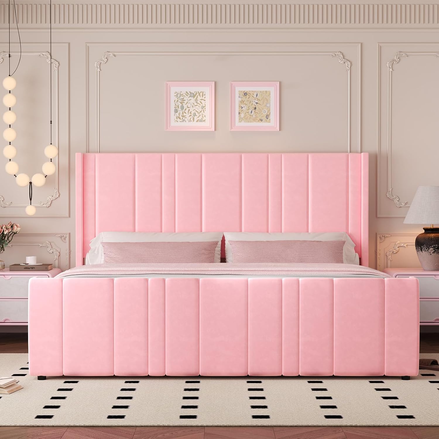 HOMBCK King Size Bed Frame and Headboard, Upholstered Bed with Vertical Channel Tufted Headboard & Footboard, Wooden Slats/Noise Free/No Box Spring Needed/Easy Assembly, Pink
