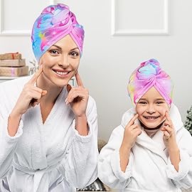 Basumee Microfiber Hair Towel Wrap for Kids 2 Pack Rapid Drying Hair Towel with Button Hair Turbans for Wet Hair Wraps Head Towel Wrap for Women and Girls, Colorful Unicorn