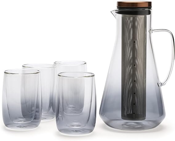 Sio Cold-Infusion Pitcher 54 fl oz / 1600 mL Borosilicate Glass Pitcher with Micro-Fine 316 Stainless Steel Strainer & Copper-Plated Lid, Includes Measuring Scoop