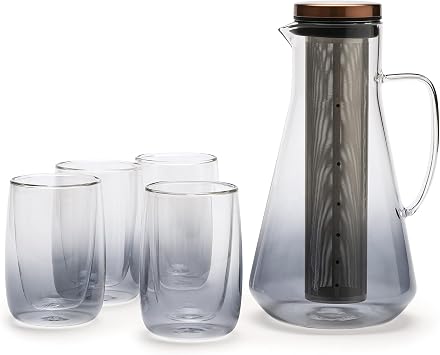 Sio Cold-Infusion Pitcher 54 fl oz / 1600 mL Borosilicate Glass Pitcher with Micro-Fine 316 Stainless Steel Strainer & Copper-Plated Lid, Includes Measuring Scoop