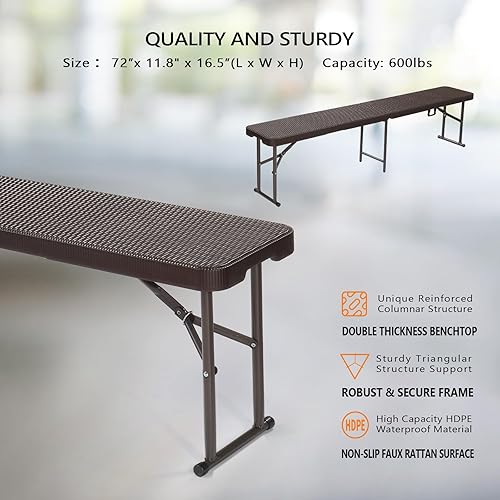 Miniatura 23 de VINGLI Banco plegable de plástico de 6 pies, asiento de picnic portátil para interiores y exteriores, campamento, comedor, actividades de Blanco