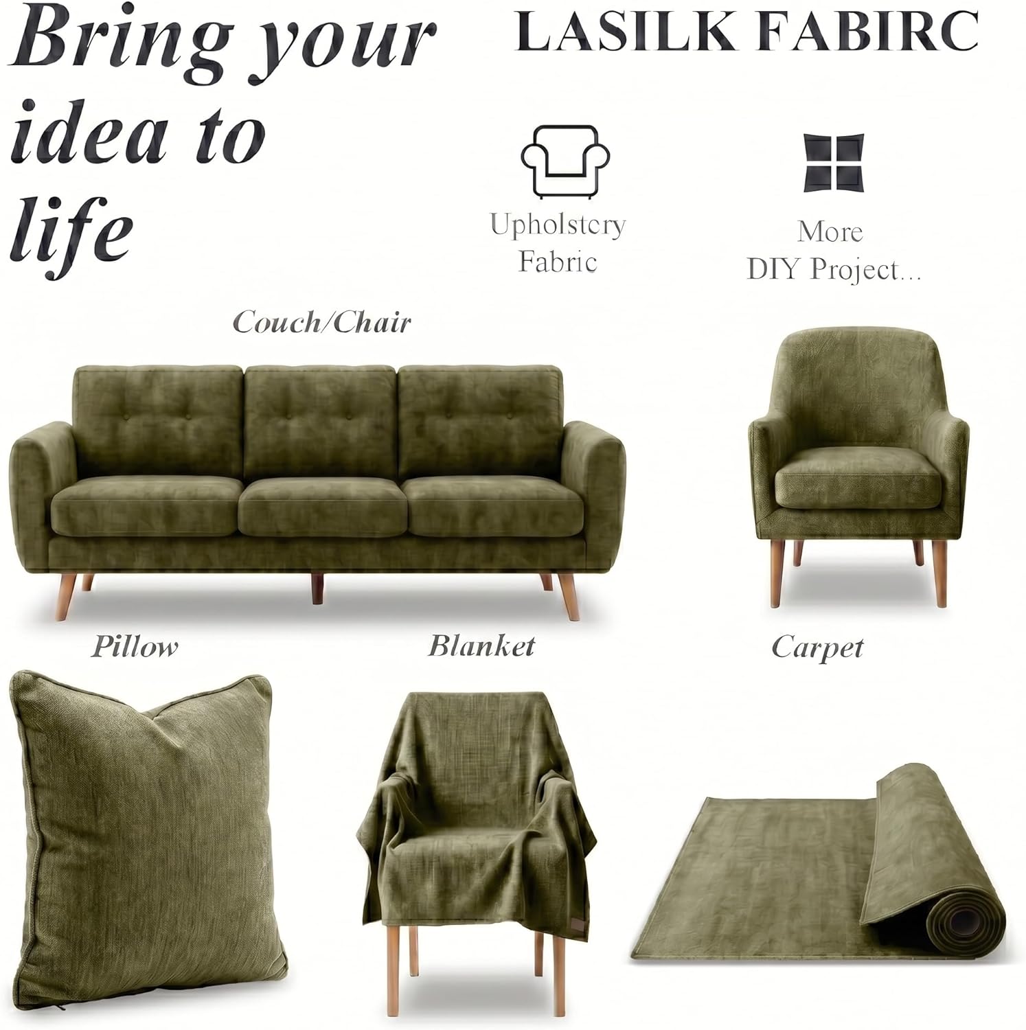 Premium Upholstery Chenille Fabric by the Yard - Thick & Soft Textured Fabric for Chairs, Sofa & Home Decor (Olive Green, 3 Yard)