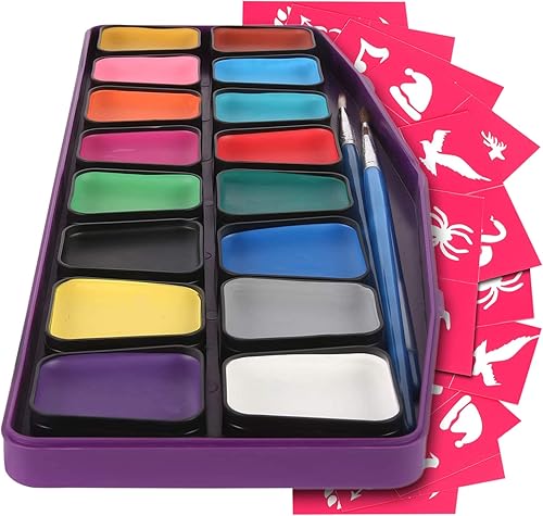 Colorful Art Co. Kit de pintura facial para niños, paquete de 16 pinturas a base de agua con 3 pinceles de pintura y 30 plantillas, paleta para