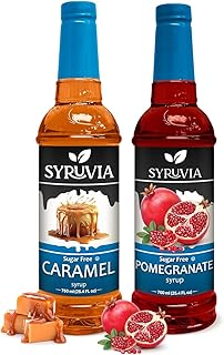Syruvia Sugar Free Caramel Coffee Syrup & Sugar-Free Pomegranate Syrup - 25.4 fl oz. Premium Flavoring Syrup. 0 Calories, Kosher & Gluten-Free. Ideal for Enhancing Tea, Desserts, Cocktails & Mocktails
