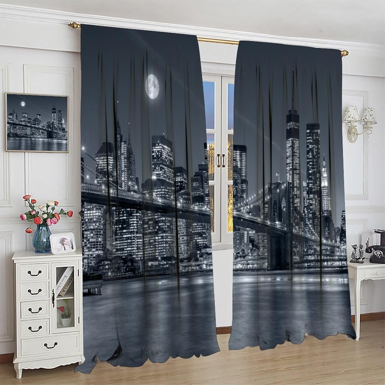 Cityscape Curtain, NY City Night View Brooklyn Bridge Moonlight Skyscraper Skyline Famous Modern Building Window Treatments for Living Room Bedroom 84" W X 84" L