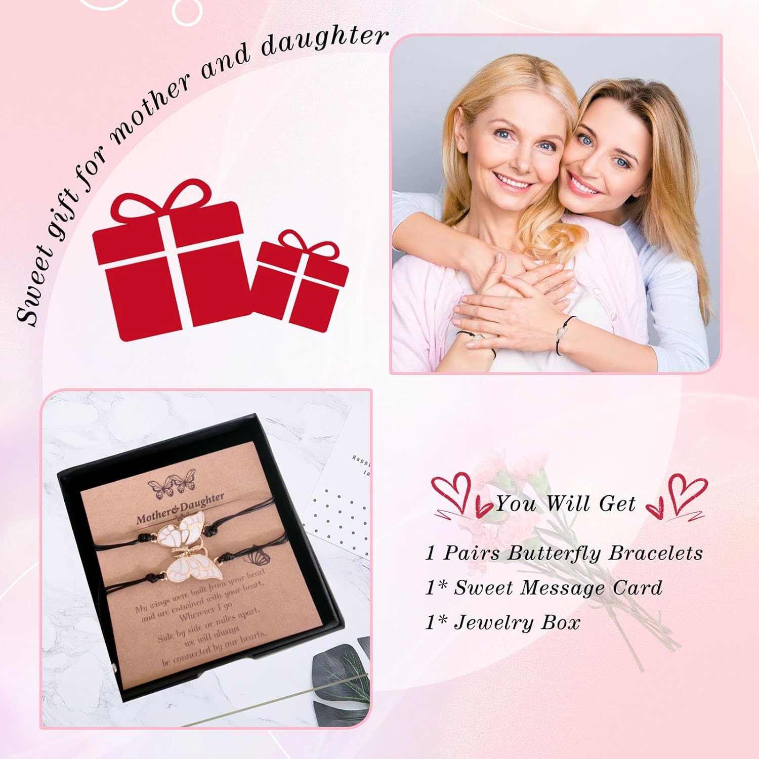 Mother Daughter Bracelet Set, Adjustable Cord Bracelets, 2 Pieces, Heart Charm - Image 4