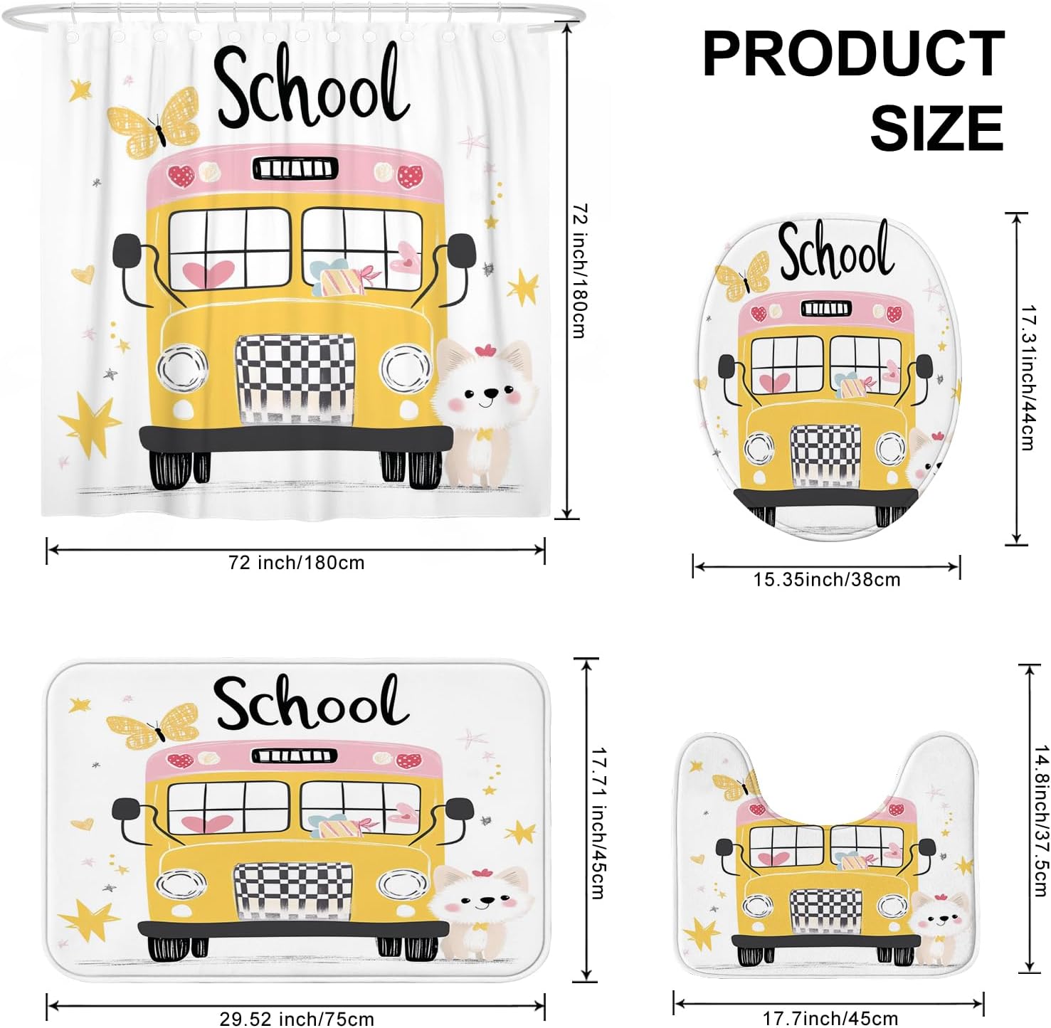 4PCS Cartoon Eskimos Dog Bathroom Accessory Sets with Non-Slip Rug, U Shape and Toilet Lid Cover Mat, Kid School Bus Bathroom Fabric Decor-72''x72''