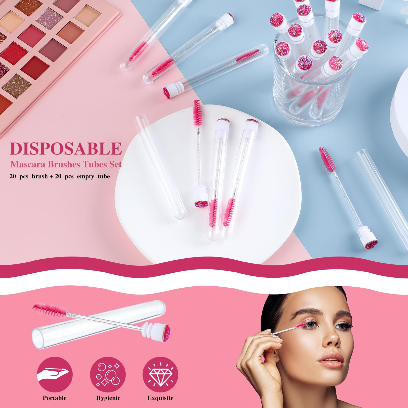 40PCS Disposable Mascara Brushes Tubes Set, 20 Empty Mascara Wand Tube with 20 Eyelash Brush for Eyelash Extension Lash (Pink) - Image 4
