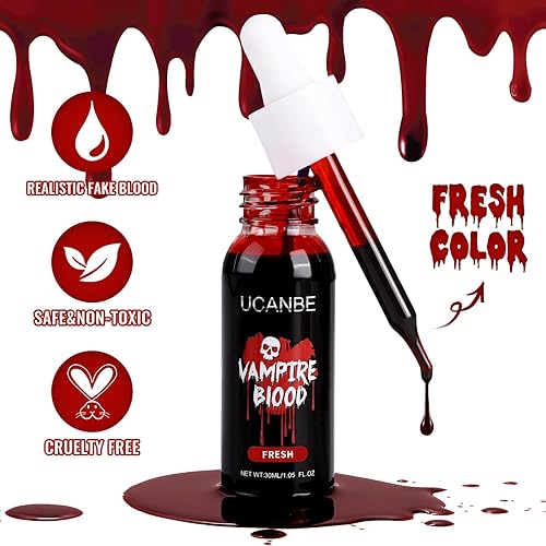 Miniatura 4 de UCANBE Kit de maquillaje de sangre falsa lavable para Halloween, gotas de sangre falsa para Halloween, disfraz de monstruo, vampiro, payaso,