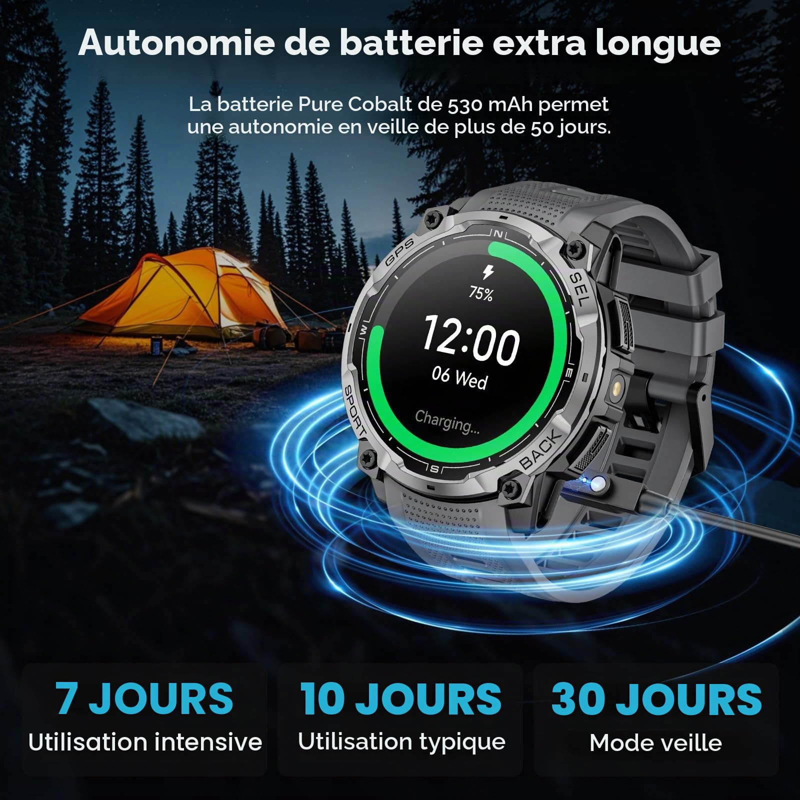 Montre Connectée Homme GPS Militaire, 1,43" AMOLED HD Smartwatch Homme avec Appel Bluetooth, Lampe LED, Boussole, 100+ Modes Sportifs, Fréquence Cardiaque, Montre Sport pour Android iOS (Noir)