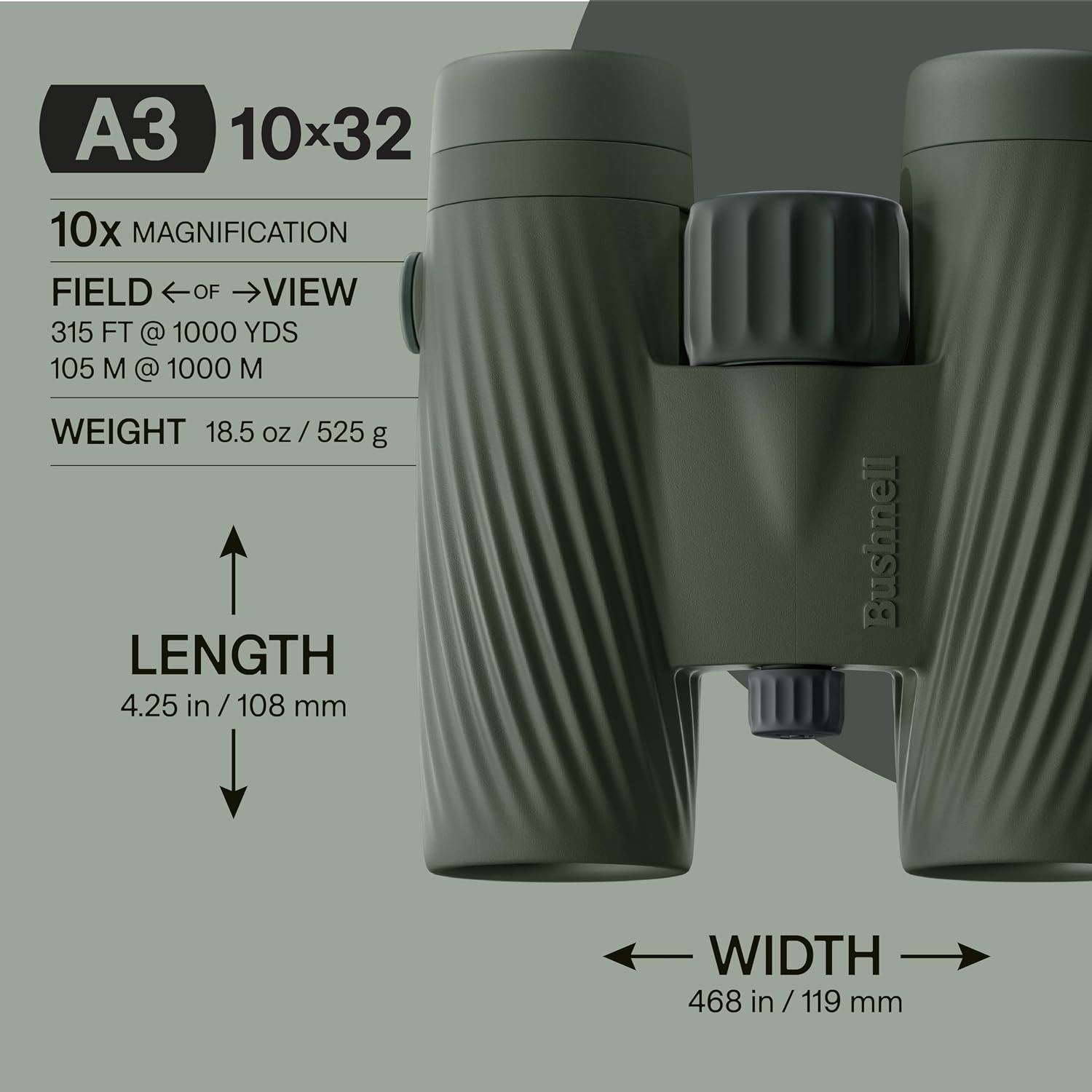 Bushnell A3 10x32 Compact Binoculars for Adults & Kids, Waterproof, Fogproof, 10X Magnification, Fully Multi-Coated Lenses & Rubber Armor - Laurel Green