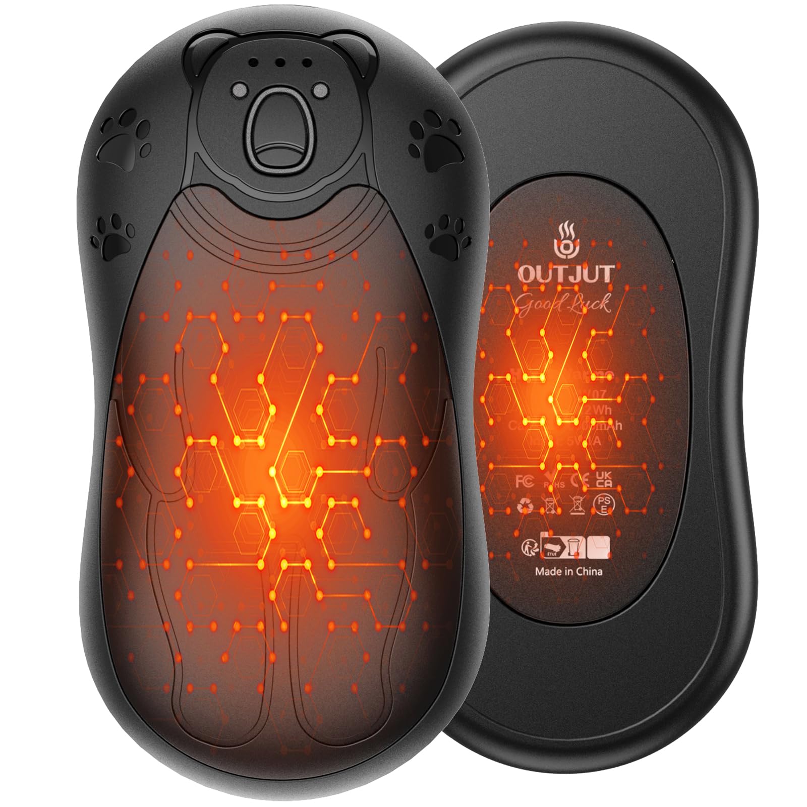 Chauffe Main Electrique 2 en 1 Noir, Chaufferette Main Reutilisable, 3 Niveaux de Chauffe, 12000mAh Rechargeable par USB, Cadeaux Hiver Unisexes, pour Camping et Sports en Extérieur