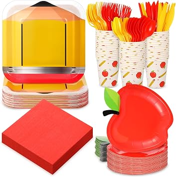 Zubebe 168 Pcs Back to School Disposable Dinnerware Set First Day of School Paper Plates and Napkins Cups Disposable Tableware Preschool Party Decoration, Serve for 24 GuestsApple