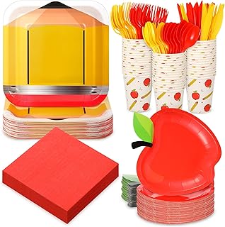 Zubebe 168 Pcs Back to School Disposable Dinnerware Set First Day of School Paper Plates and Napkins Cups Disposable Tableware Preschool Party Decoration, Serve for 24 Guests(Apple)