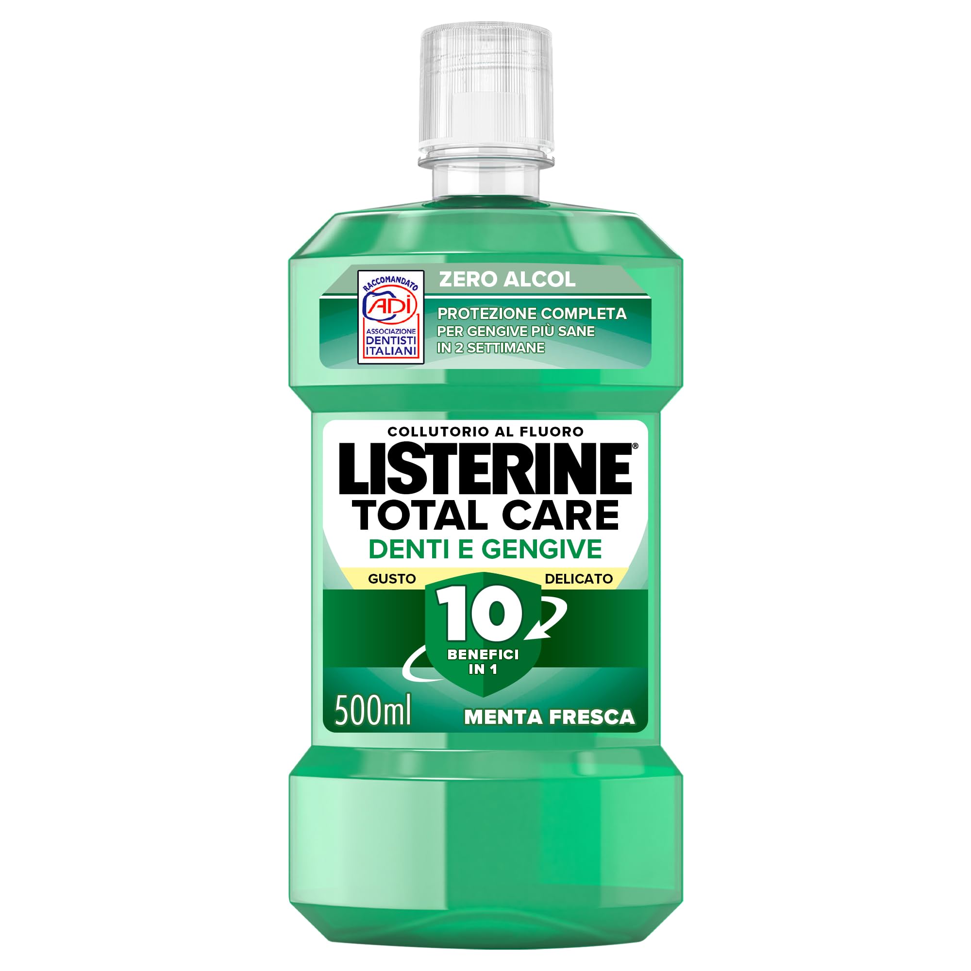 LISTERINE Total Care Denti e Gengive Gusto Delicato, Collutorio 0% alcol al gusto di Menta Fresca, Collutorio al Fluoro con 10 benefici in 1 per una protezione completa e gengive più sane, 500 ml