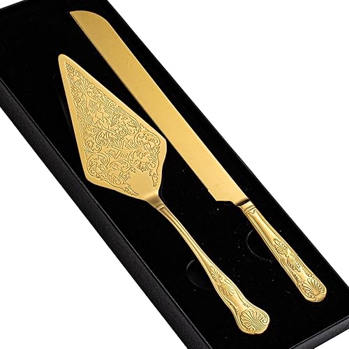 GURUDAR Juego de cuchillo y servidor vintage para pastel de boda, cuchillo de corte de pastel de pastel de acero inoxidable y espátula para servir,