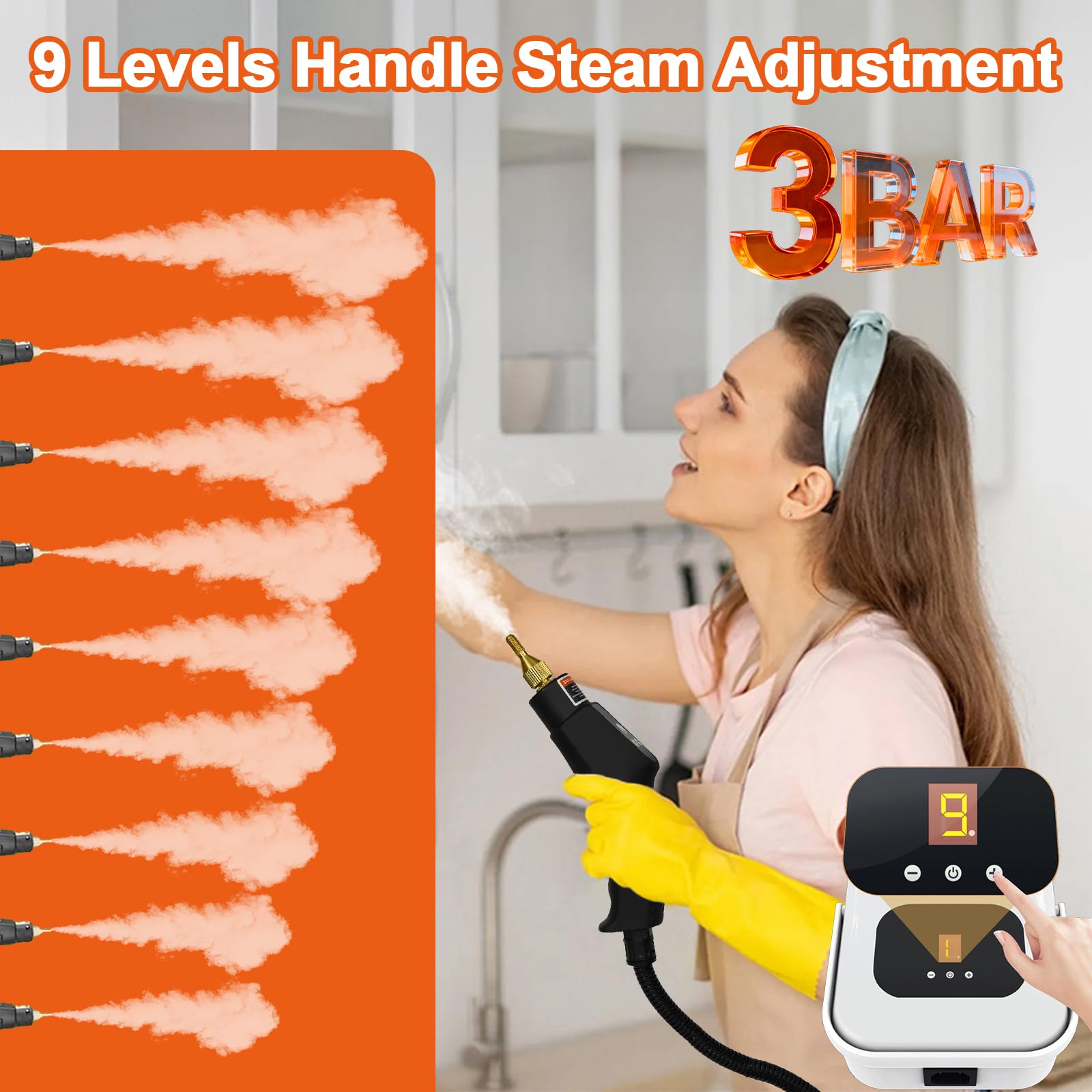 Ręczna myjka parowa z wyświetlaczem cyfrowym, 9-stopniowa regulacja Steam Cleaner, 2500 W, czas nagrzewania 15 sekund, przenośna, wysokociśnieniowa myjka parowa do mebli, sof, płytek, podłóg, okien