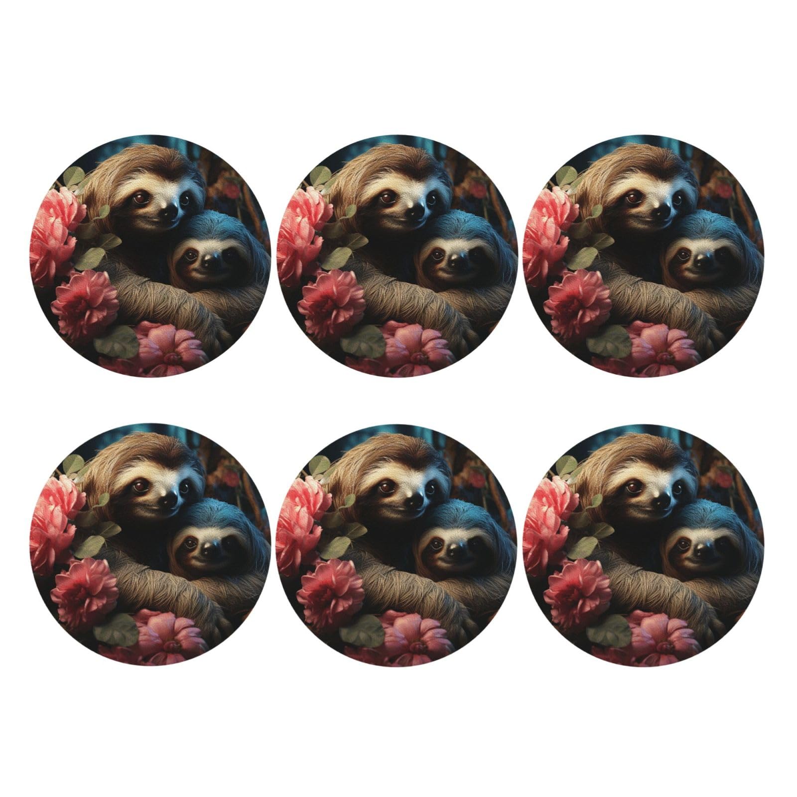 6pcs Leather Coasters for Drinks, A Sloth and A Baby Sloth Drink Coasters for Tabletop Protection, 4" Cup Coasters for Coffee Table Decor, Non-Slip Drinking Cup Mat for Hot Or Cold Drink