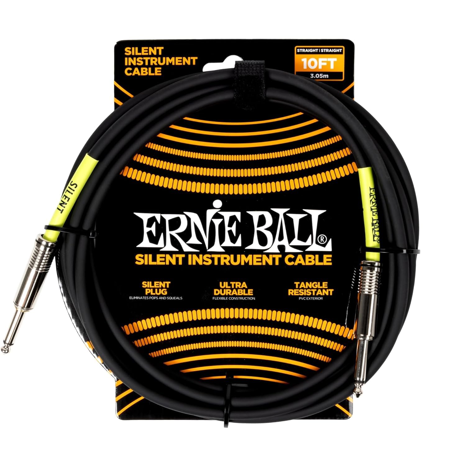 Ernie Ball Classic - Cable de instrumento silencioso recto/recto con paño para instrumentos Zorro, paquete de 2 (negro, 10 pies)