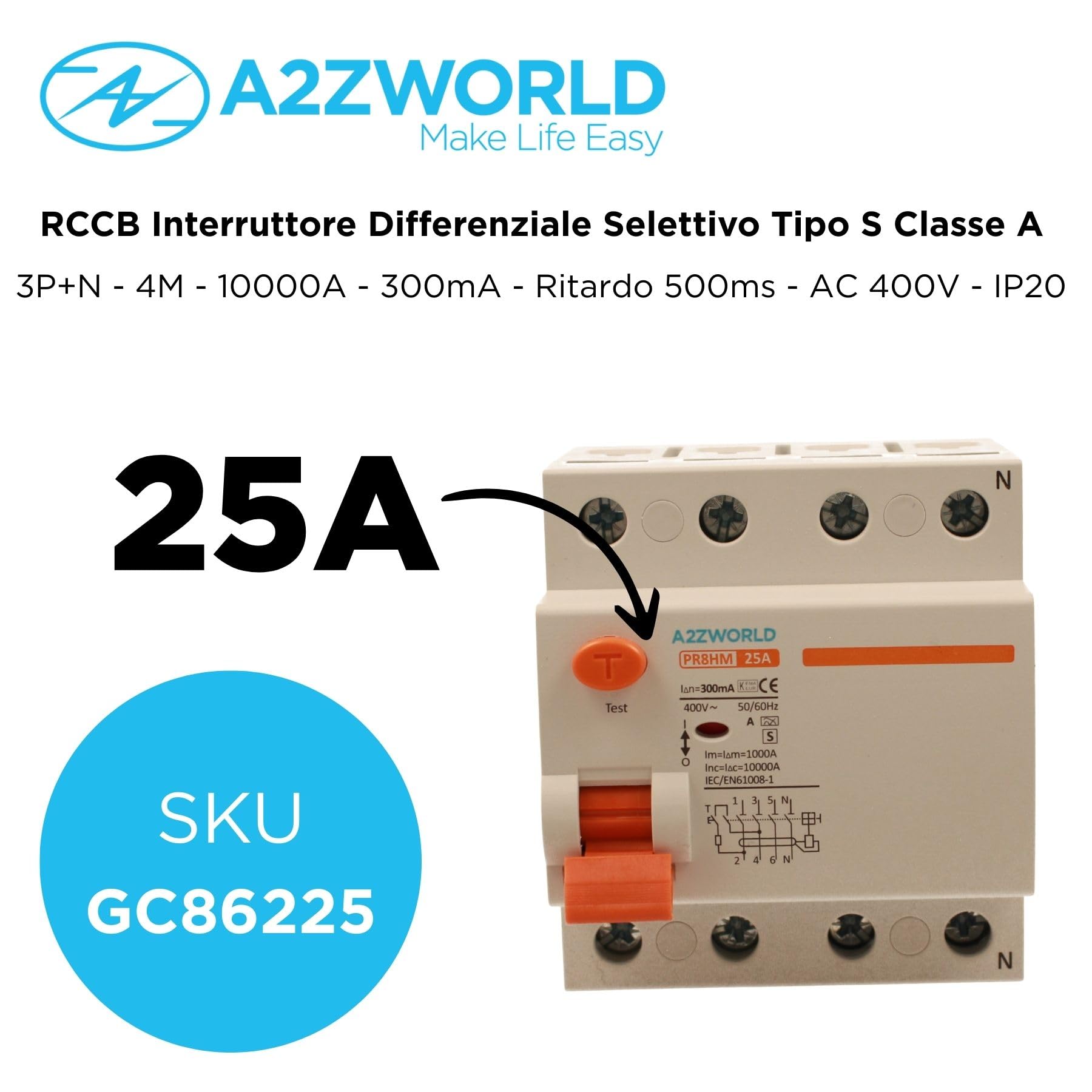 Interruptor diferencial selectivo trifásico 25A, RCCB Tipo S Clase A, 3P+N 10kA 300mA, retraso 500ms, 4 módulos DIN 380V AC, Certificado IEC61008-1, Serie PR8HM electromagnético