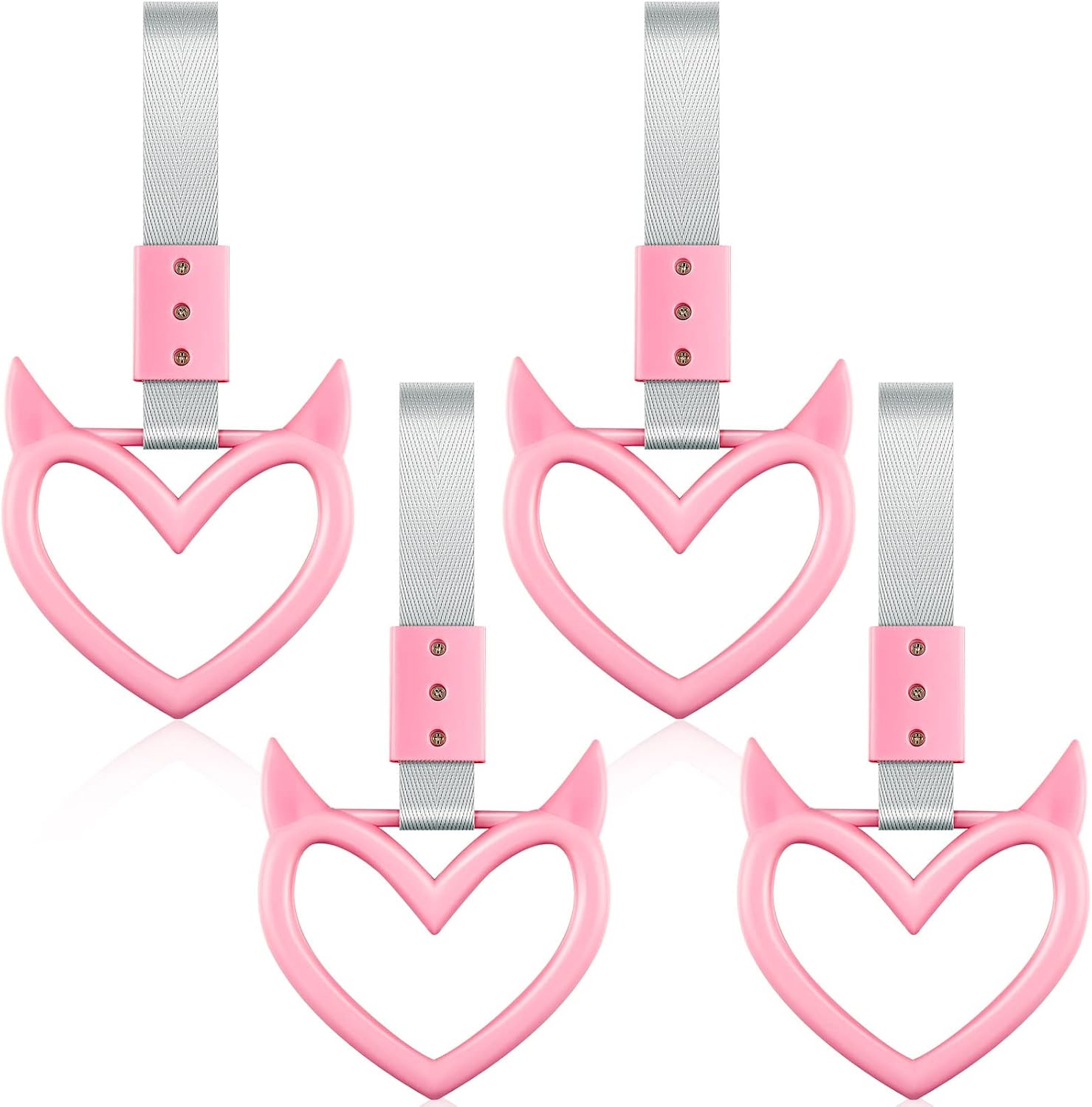 4 Pieces Heart Shaped Car Handle Straps Hang Ring Rear Bumper Warning Ring Decorative Subway Train Bus Handle Hand Strap Drift for Car Interior(Pink, Devil)