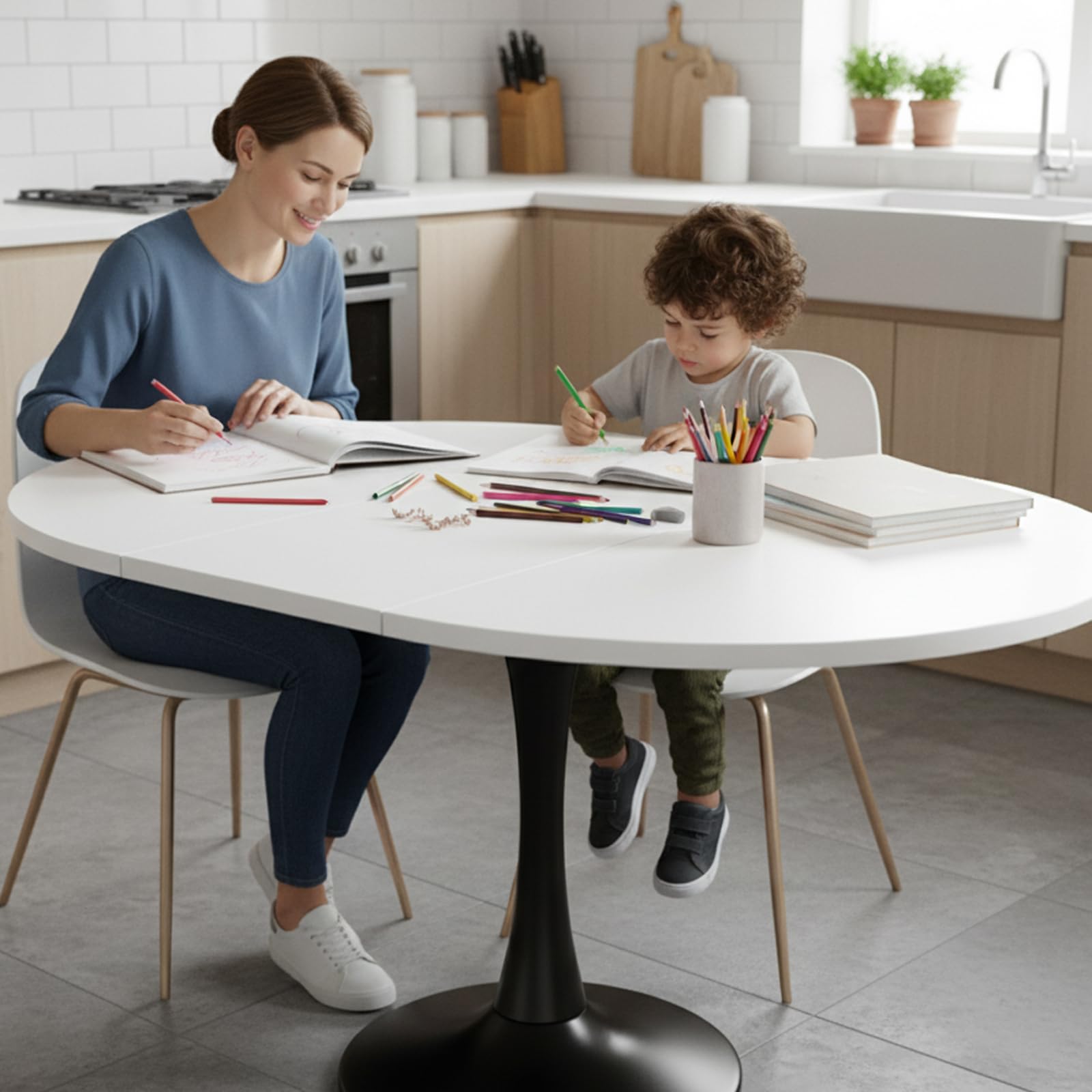 Mesa de Comedor Redonda Extensible, 100-140 x 100 x 75 cm, para 4-6 Personas, Ideal para Comedor, Cocina y salón, Blanco + Negro (AB)