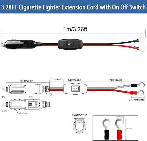 Miniatura 6 de GELRHONR Encendedor de cigarrillos macho a terminal de anillo O con cable adaptador de interruptor de encendido y apagado, cable de extensión de