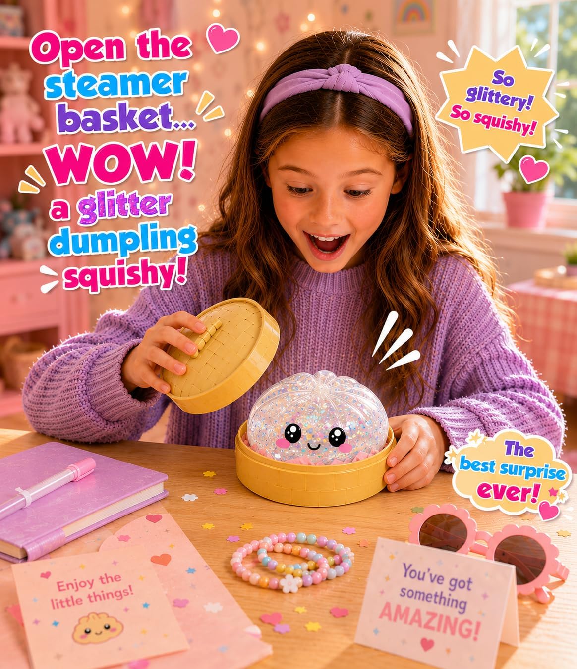 Dumpling Squishy Mystery Glitter Squishy Dumpling Toy Bao Bun Stress Ball Soft Sensory Fidget Squeeze Toy Desk Gift for Kids Adults, Glitter White(2026 Upgrade)