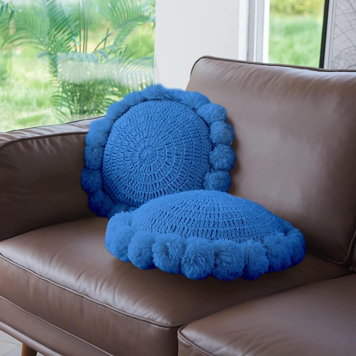 Boho Round Throw Pillow with Cute Handmade Pom Poms Tassels 18 Inch, Decorative Circular Knitted Crochet Cushion for Couch, Sofa, Chair, Bed, Blue