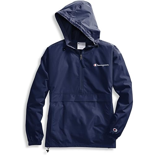 Champion Women's Packable Print Windbreaker Jacket, Wind- and Water-Resistant Hooded Jacket, All-Over Print, Script