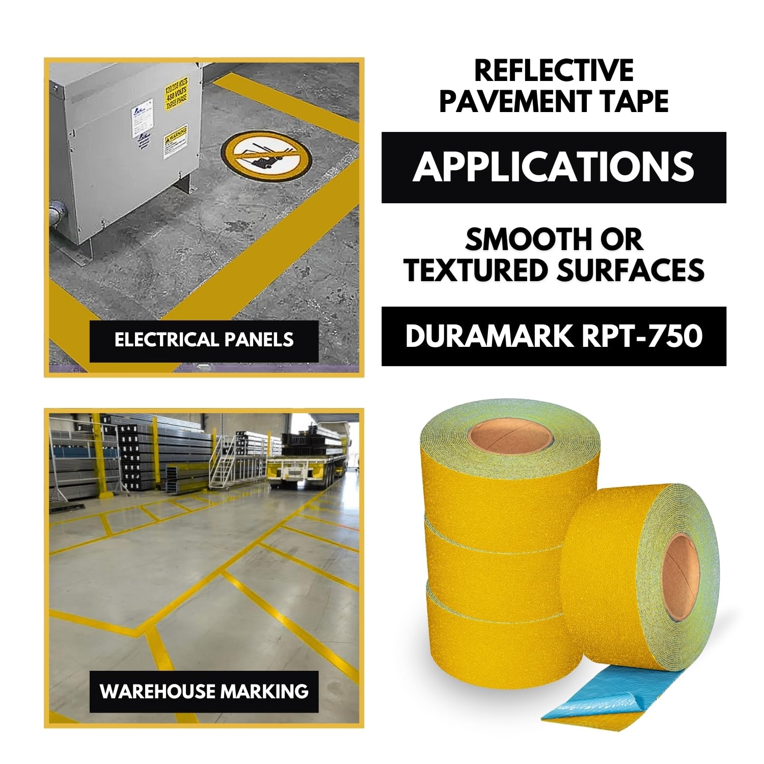 DuraMark RPT-750 - Cinta reflectante amarilla para marcar pavimentos – Base de goma resistente al deslizamiento con certificación Bast de alta durabilidad para exteriores (3 pulgadas x 18 pies)