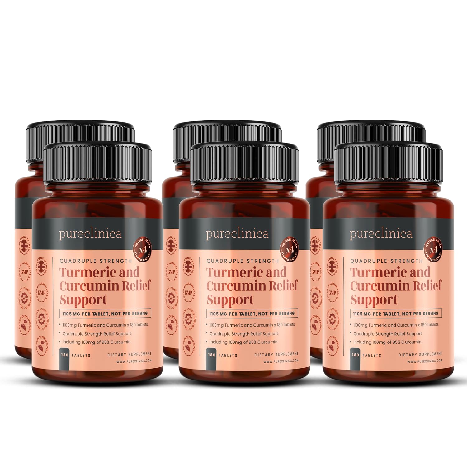 Curcumine de Curcuma - 1000mg x 1080 comprimés (6 bouteilles) – Contient 95% de Curcumine – Poudre de racine de Curcuma contenant des curcuminoïdes