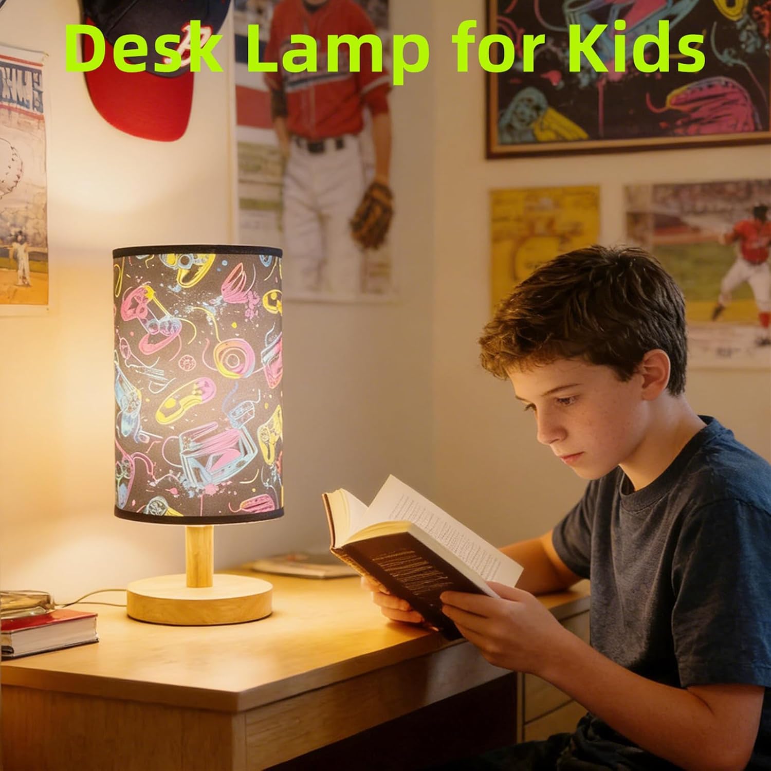 Video Game Table Lamp,Kids Bedside Lamp for Bedroom 3 Colors Gaming Enthusiast Nightstand Night Light Room Decorative Lights with Cartoon Flaxen Fabric Shade Desk Lamp for Girls Boys Gift Home Decor